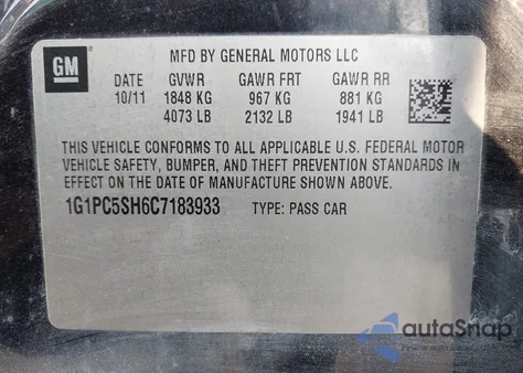 2012 Chevrolet Cruze Ls from USA, damaged, VIN 1G1PC5SH6C7183933